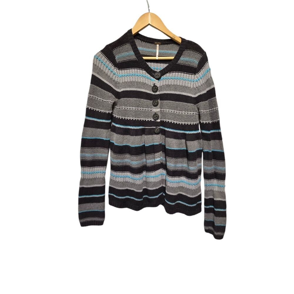 FREE PEOPLE Cardigan Cardi Baby Doll Button Soft Ribbed Knit Grey Aqua SMALL
